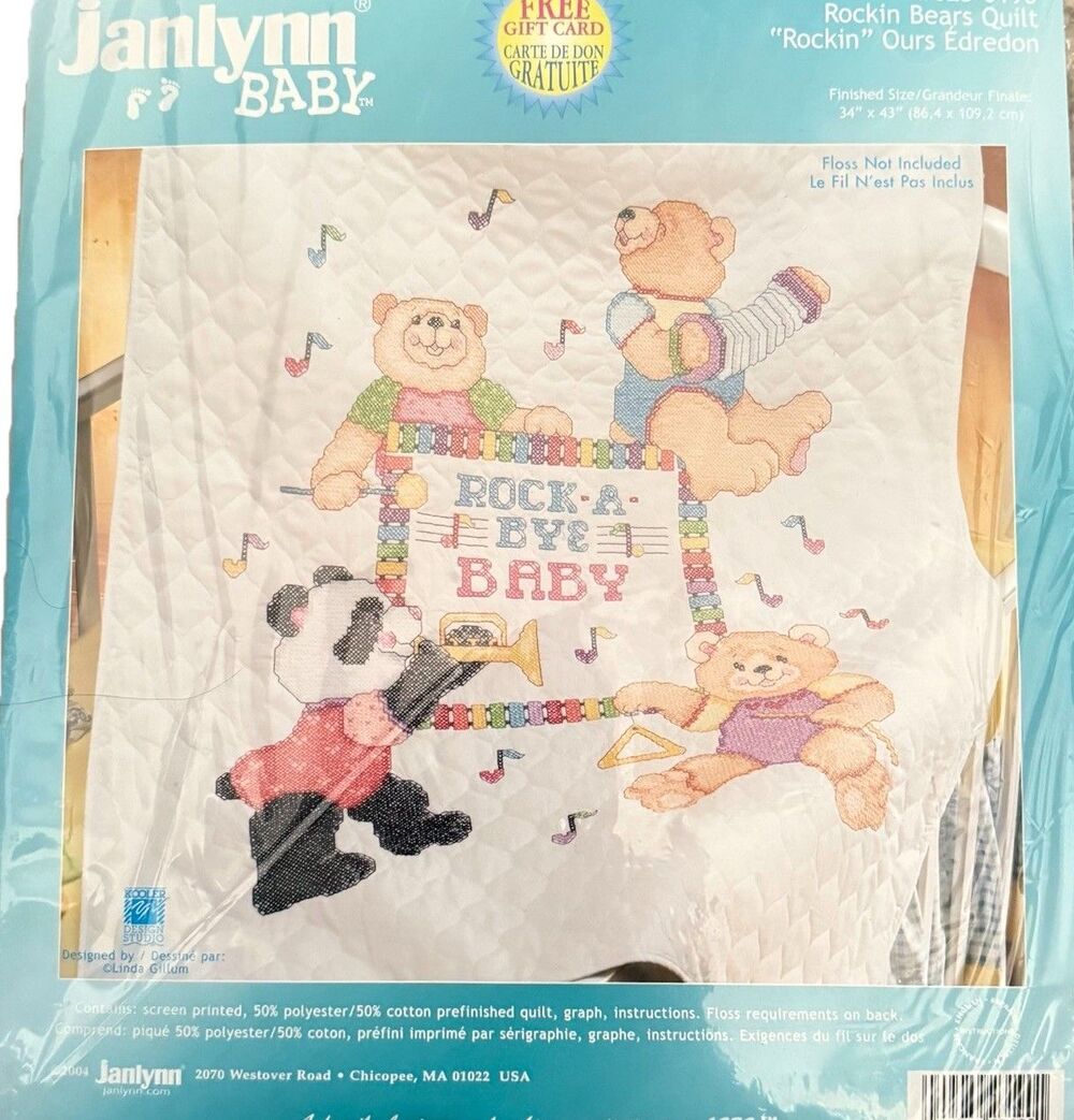 2004 Janlynn Rock A Bye Baby Cross Stitch Kit Pre Quilted Baby Quilt Fabric VTG